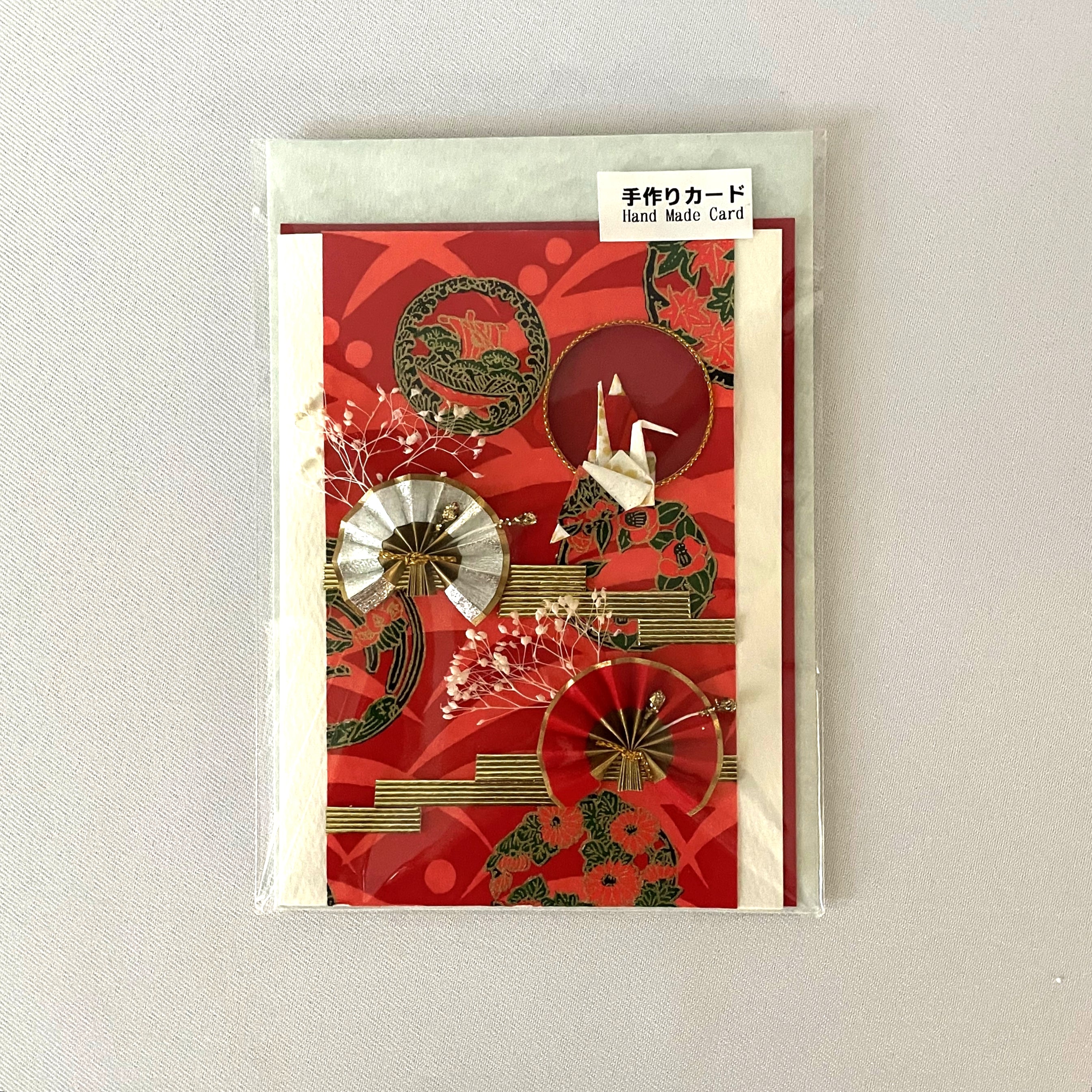Handmade Greeting Card "Crane & Fan / Red"